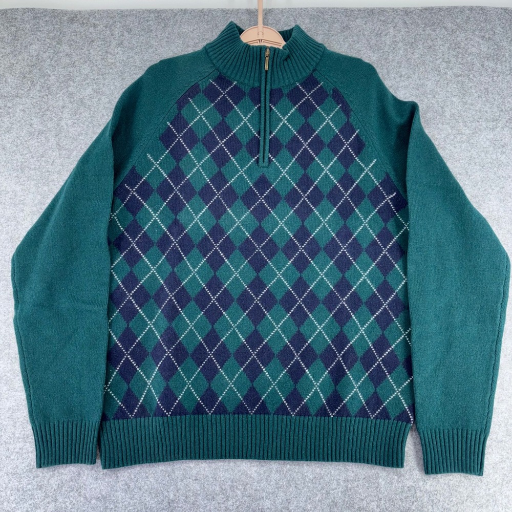 Brooks Brothers 346 Mens Green Argyle Wool Blend Quarter Zip Sweater Large